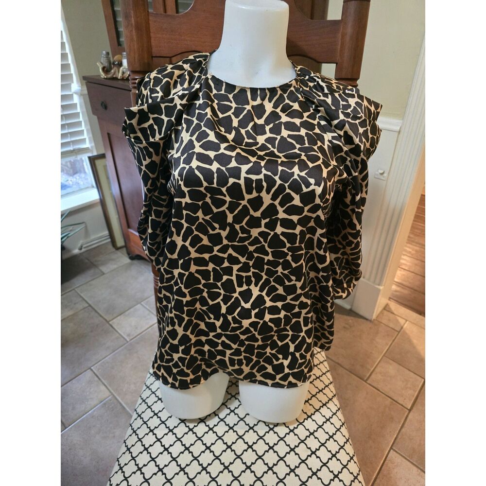 Zara Draped Giraffe Print Blouse 3/4 Sleeves Ruffle Sleeves Women's SZ M